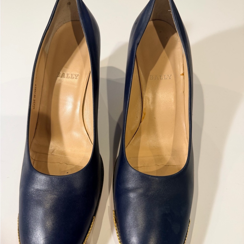 Bally Navy Leather Pumps with Gold Accent